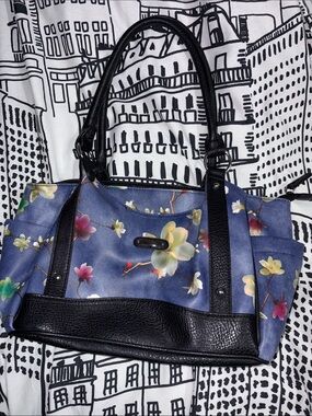 Blue Floral Shoulder Bag with Black Trim